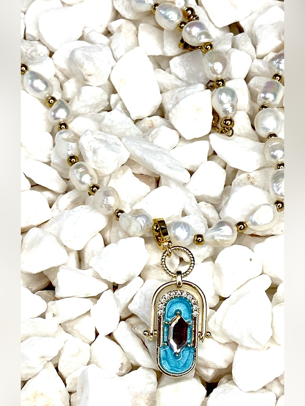 Fresh water Pearl Necklace with Blue Pendant — Women Jewelry - Picture 2 of 4